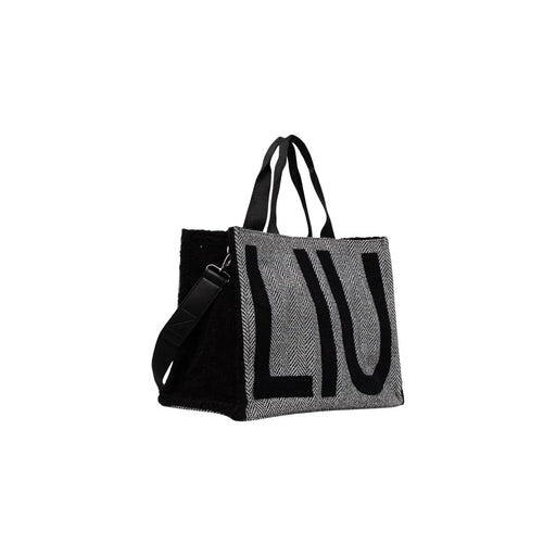 Schwarze Liu Jo Damen-Tragetasche aus Polyester mit schwarz-grauem Fischgrätmuster und auffälligem schwarzem Liu-Schriftzug