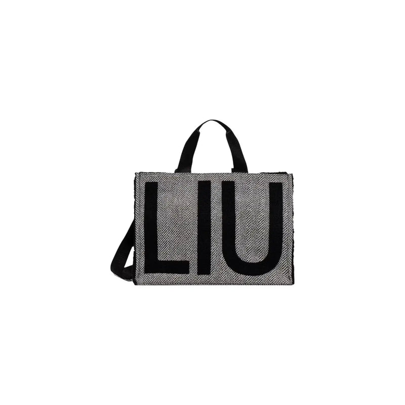 Liu jo women black polyester handbag in gray herringbone pattern with bold black liu lettering and black handles