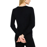 Women’s long-sleeved black knit sweater with rhinestone print and round neckline