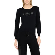 Women’s black long-sleeved crew-neck sweater with LIU JO MILANO rhinestone embellishment
