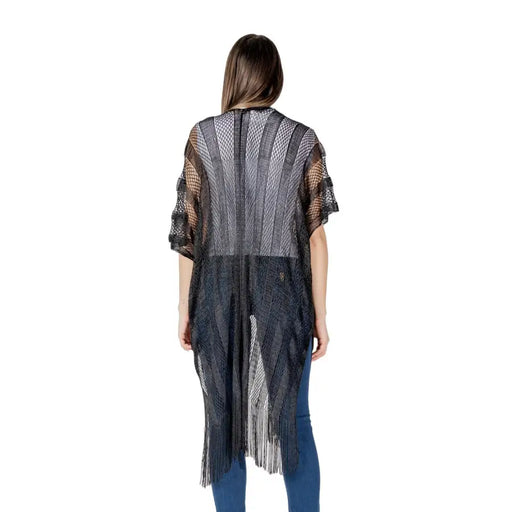 Liu jo women black short polyester cardigan featuring sheer patterned mesh with fringe detailing for spring summer