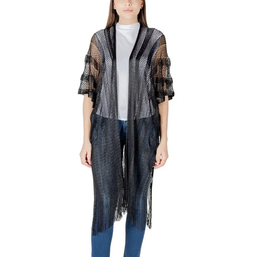 Liu jo women black short polyester cardigan featuring mesh fabric with ruffled sleeves and fringe detailing for spring summer