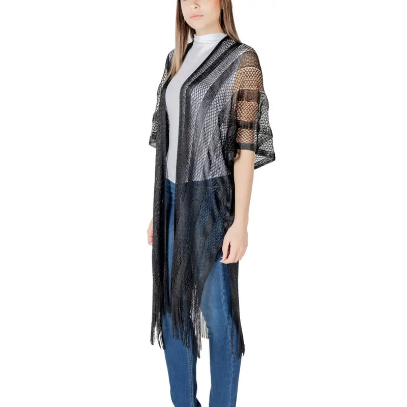 Liu Jo women black short polyester cardigan with black mesh, fringe detailing, and sheer patterned sleeves for spring summer