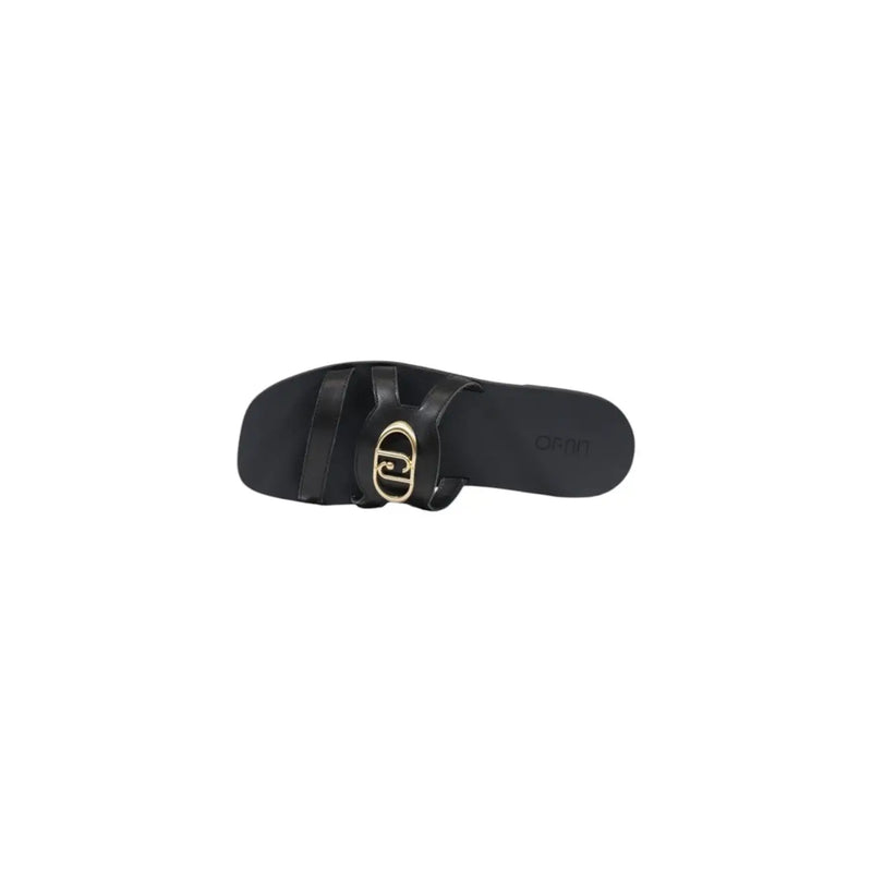 Liu Jo women black leather slide sandal featuring a gold-tone oval buckle ideal for summer footwear
