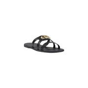 Liu Jo women black leather slippers summer footwear with gold-tone interlocking GG logo buckle slide sandal