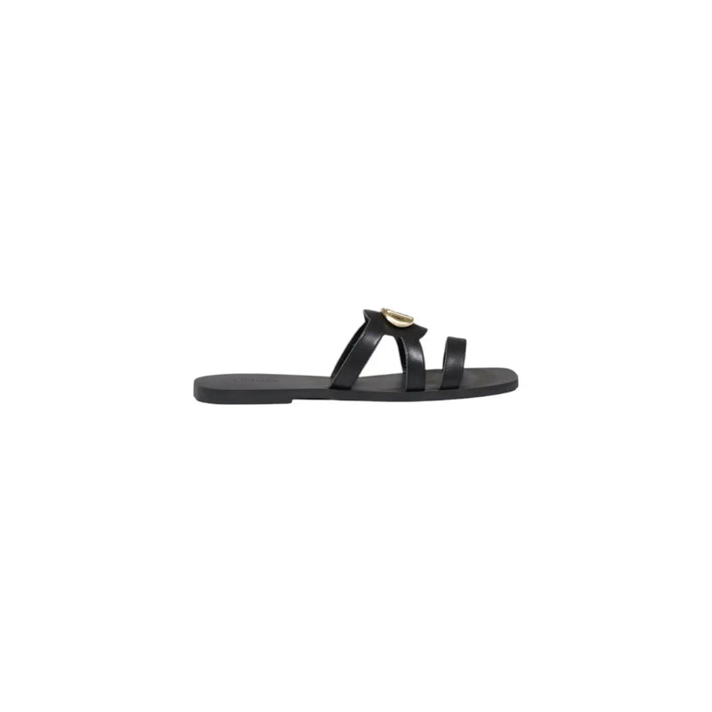 Liu Jo women black leather slide sandal with gold toned circular buckle ideal for summer footwear