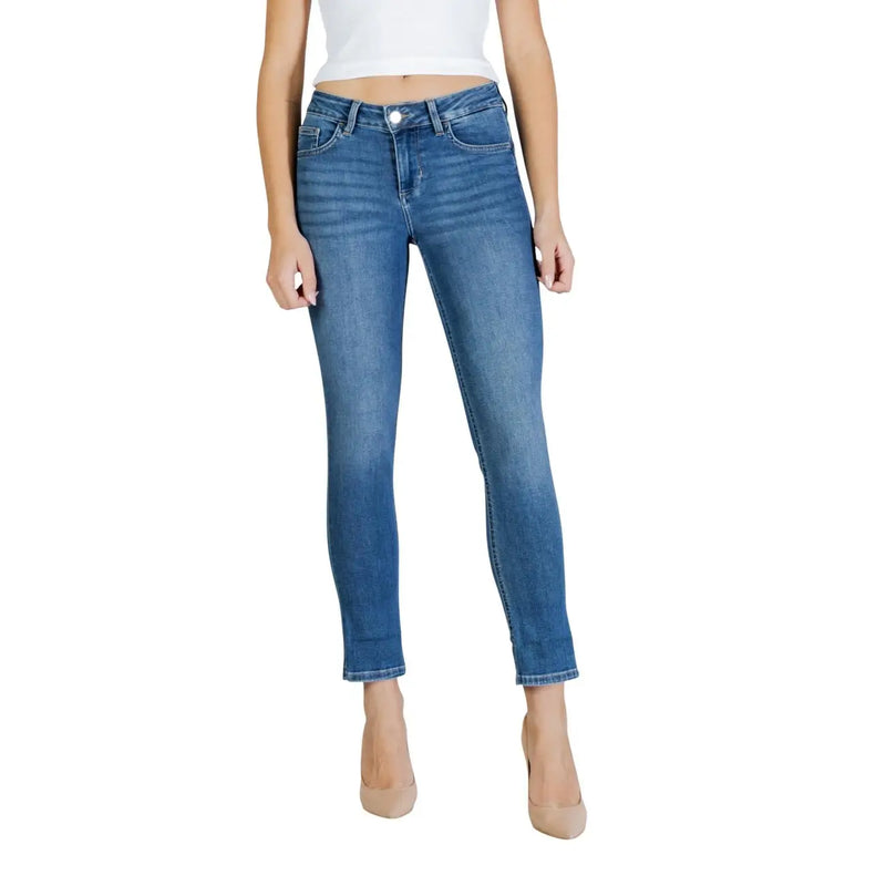 Liu Jo Damen-Jeans aus blauem Baumwollmischgewebe, mittelhoch geschnitten, schmal geschnitten, mit klassischem Fünf-Taschen-Design und verkürztem Saum