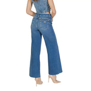 Blue denim wide-leg cotton elastane jeans with five-pocket design and brand patch on back right pocket by liu jo