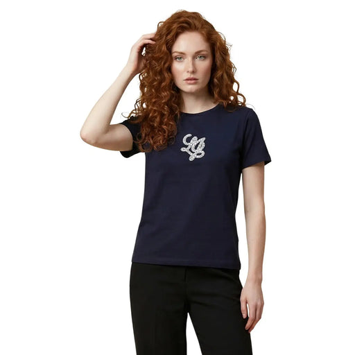 Marineblau Liu Jo Damen-Baumwoll-T-Shirt mit kurzen Ärmeln und weißem, gesticktem Logo auf der Brust
