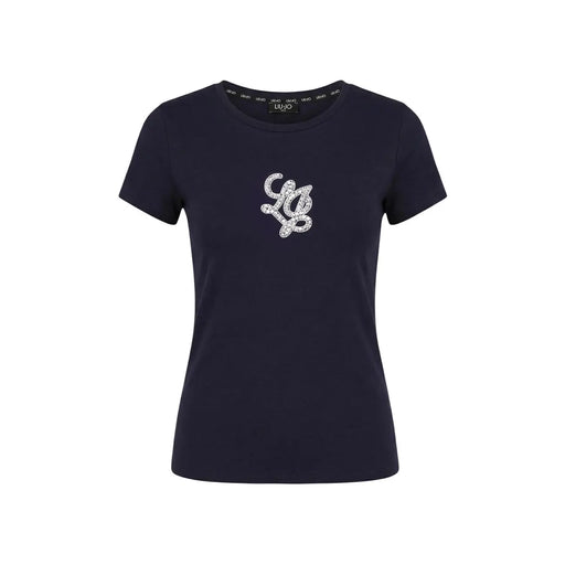 Marineblauer Baumwollstoff Liu Jo Kurzarm-T-Shirt für Damen mit einem funkelnden Strass-Logo auf der Brust.