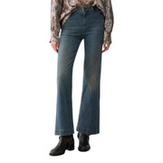 Liu Jo Damen-Jeans aus blauem Baumwoll-Stretch-Denim in mittlerer Waschung mit ausgestelltem Bein, klassischem Fünf-Taschen-Design und Used-Look-Details