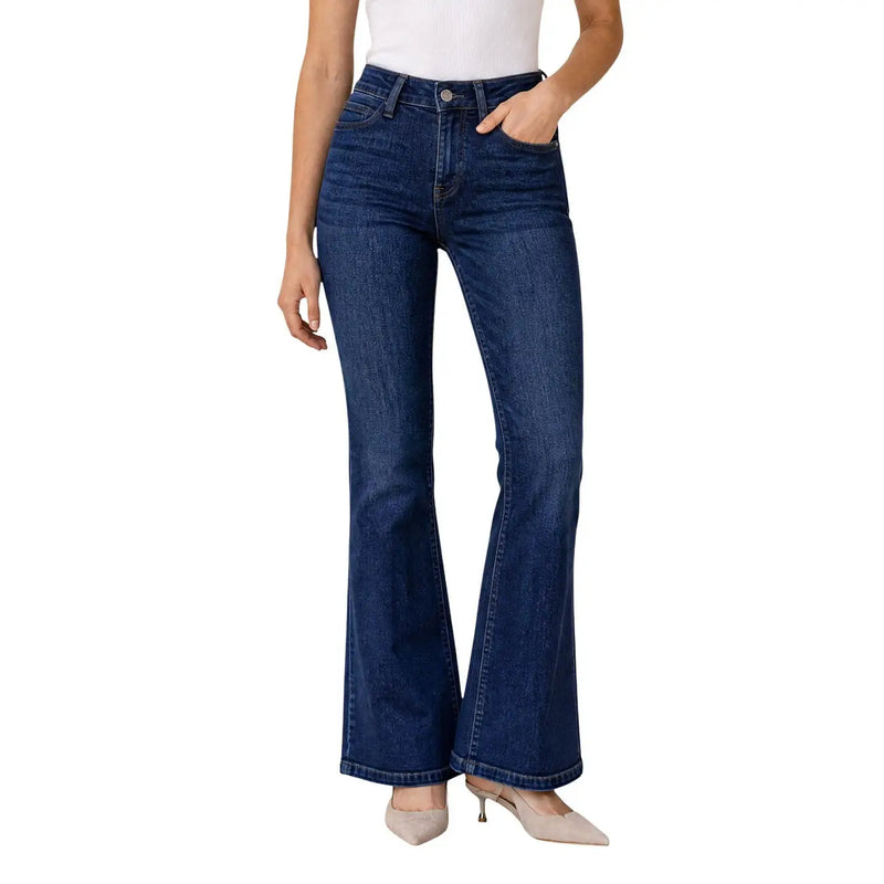 Liu Jo Damen-Jeans aus dunkelblauem Baumwoll-Stretch-Denim mit Schlag, hohem Bund und klassischem Fünf-Taschen-Design