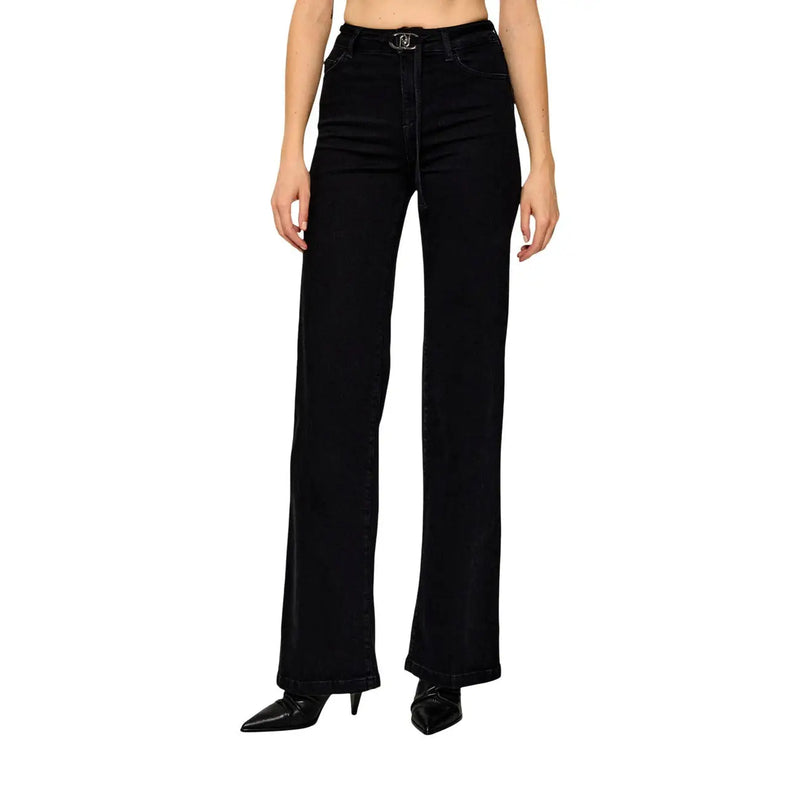 Liu Jo Damen-Jeans aus blauem Baumwoll-Stretch, hochgeschnitten, mit silberfarbener Gürtelschnalle