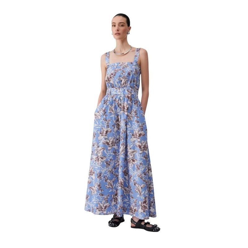 Liu jo women blue floral cotton maxi dress with thin straps gathered waist and delicate brown and white leaf patterns
