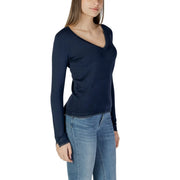 Liu Jo Damen-Cardigan aus blauem Viskose-Strick mit marineblauen langen Ärmeln und dezent schimmerndem Besatz an Ausschnitt und Saum.