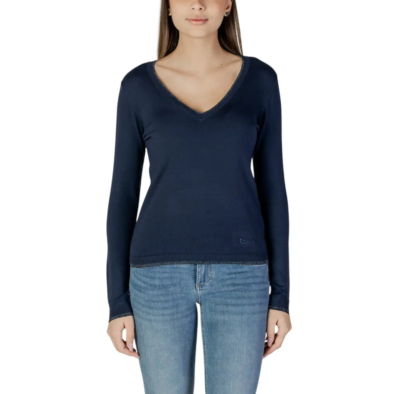 Liu Jo Damen-Cardigan aus Viskose in Blau mit V-Ausschnitt, marineblauen langen Ärmeln und dezentem Glitzerbesatz an Ausschnitt und Saum.