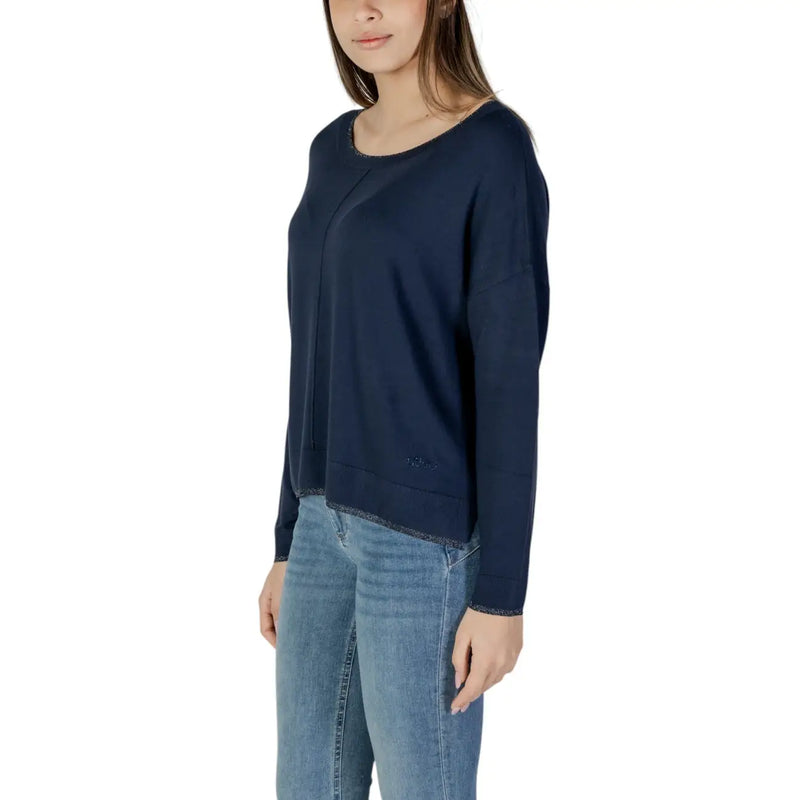 Marineblau Liu Jo Damen-Strickwaren aus Viskose, langärmelig top mit Rundhalsausschnitt und schimmerndem Besatz an Ausschnitt und Saum