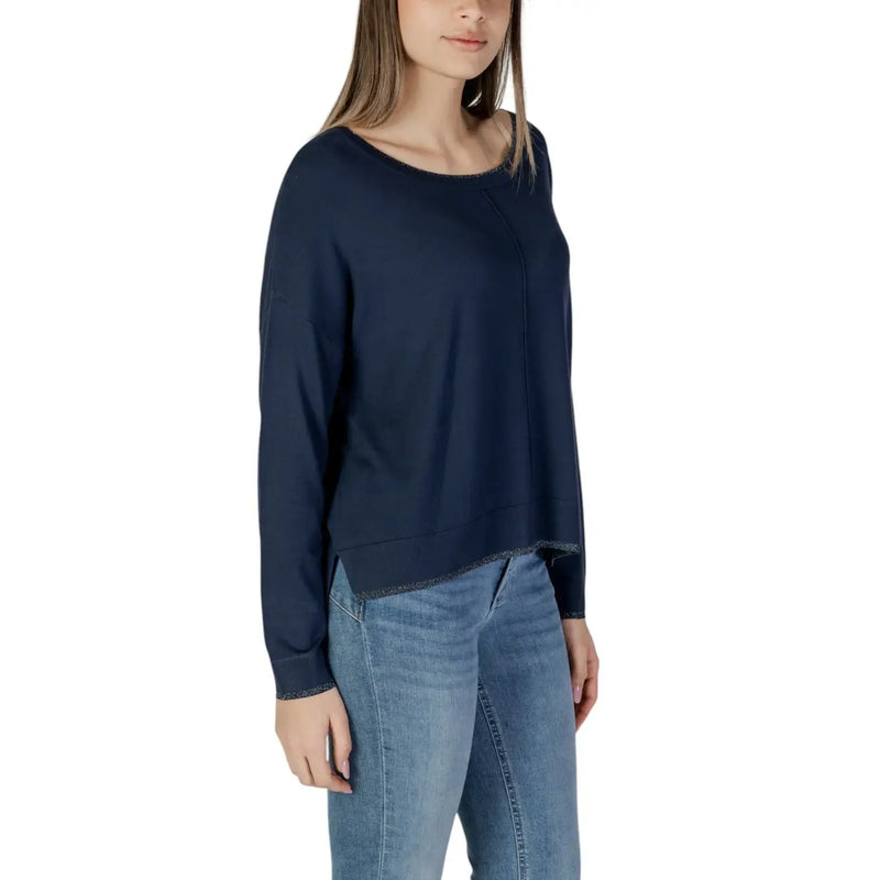 Marineblau Liu Jo Damen-Strickwaren aus Viskose, langärmelig top mit Rundhalsausschnitt und dezentem, strukturiertem Besatz an Saum und Bündchen