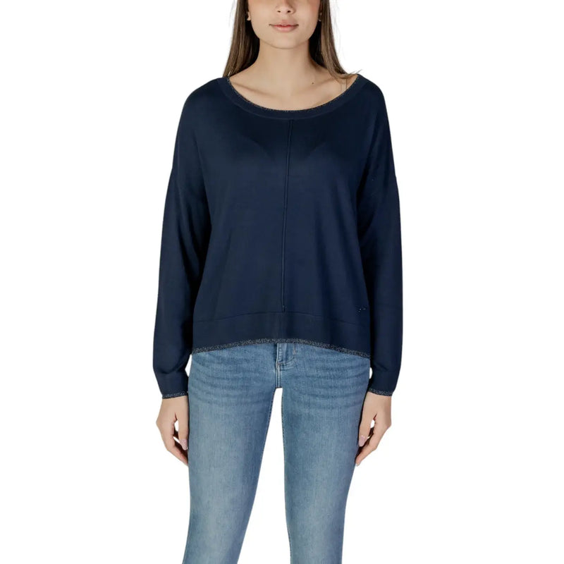 Liu Jo Damen-Langarmpullover aus blauer Viskose top mit abgerundetem Halsausschnitt und dezentem Glitzerbesatz am Saum