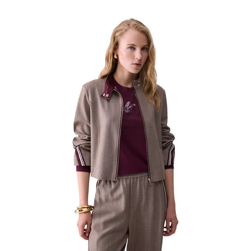 Liu Jo Damenblazer in Braun aus Polyester-Mischgewebe mit taupefarbener, strukturierter Bomberjacke, bordeauxroten Besätzen und weißen Ärmelstreifen