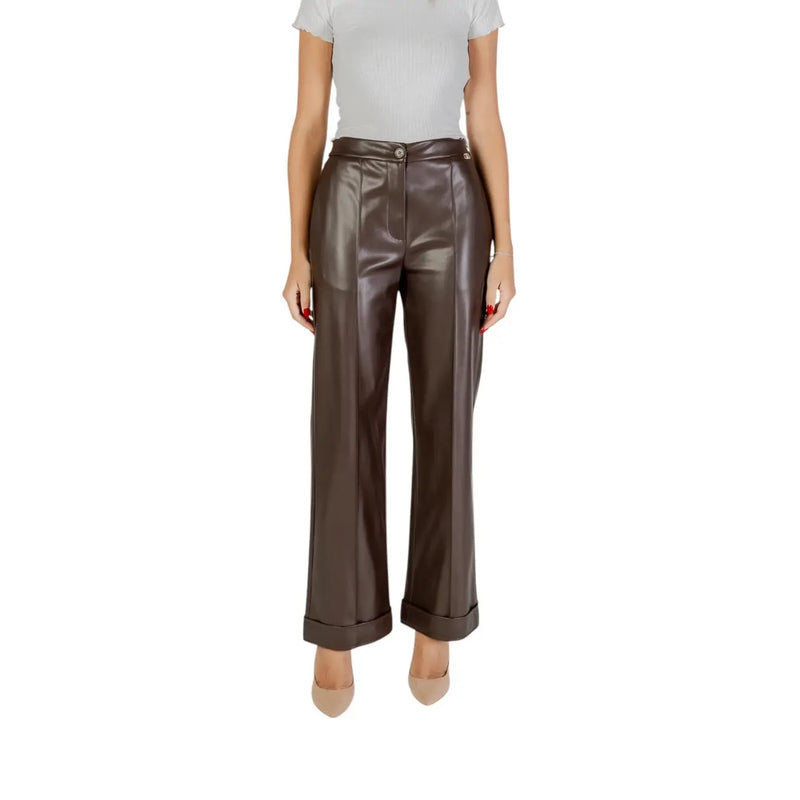 Liu Jo Braune Damen-Polyesterhose mit hohem Bund, glänzender Kunstlederoptik und umgeschlagenen Bündchen für Herbst und Winter