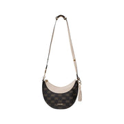 Monogrammed brown crescent-shaped shoulder bag with tassel charm and zip closure