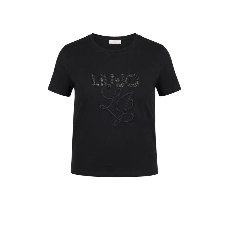 Black short-sleeved Liu Jo women cotton t shirt with sparkling lilyjo logo and embroidered monogram design