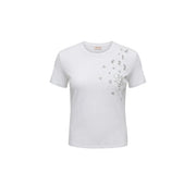Liu Jo women cotton rhinestone round neck white t shirt with short sleeves and silver glittery floral script design on right side