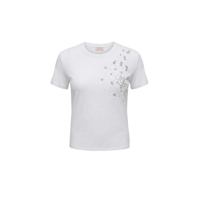 Liu Jo women cotton rhinestone round neck white t shirt with short sleeves and silver glittery floral script design on right side
