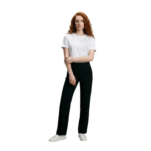 Liu Jo Weißes Damen-T-Shirt aus Baumwolle mit Strass-Rundhalsausschnitt und zarter silberner Blumenstickerei an Schulter und Ärmel