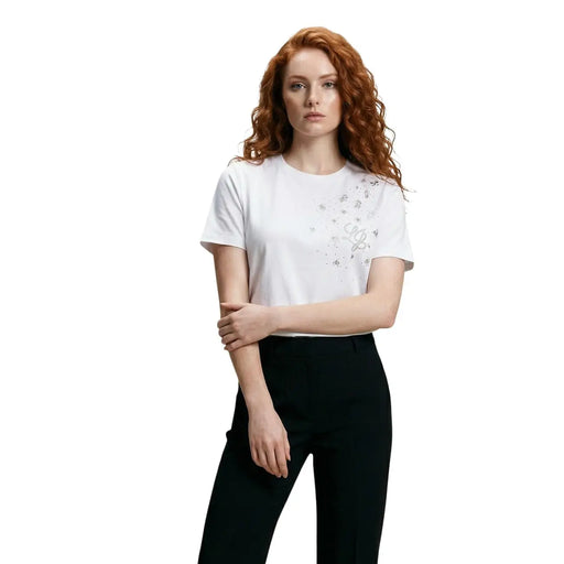 Liu Jo Weißes Damen-T-Shirt aus Baumwolle mit kurzen Ärmeln und zarten silbernen Strassverzierungen auf der Brust