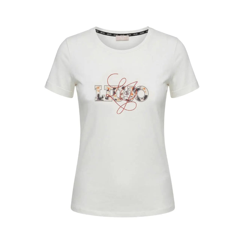Liu Jo women beige cotton short sleeve round neck t shirt with decorative luo logo and floral metallic embellishments