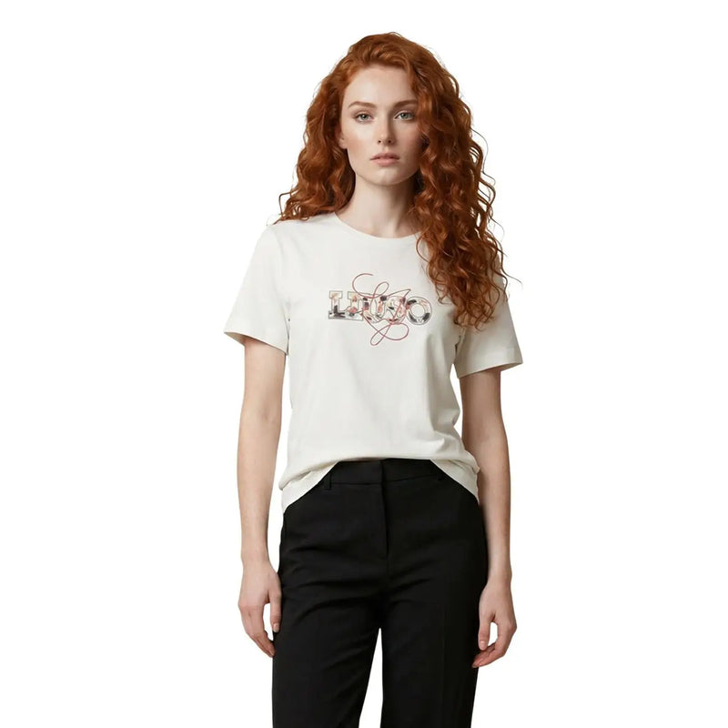 Liu jo women cotton short sleeve round neck t shirt beige with cream kenzo stylized logo red black embroidery