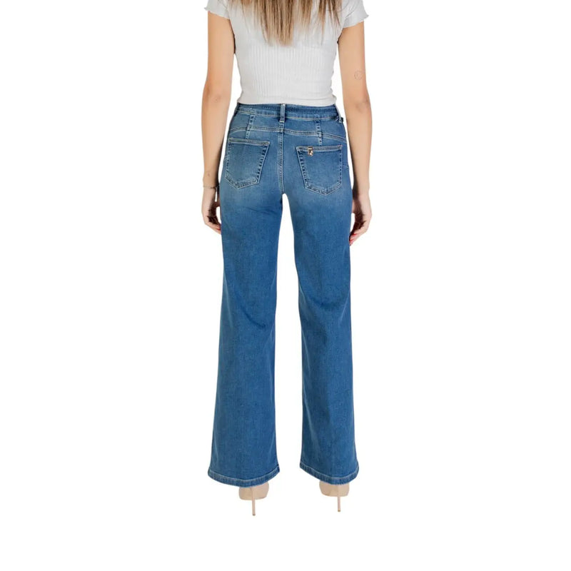 Liu Jo Damen-Jeans aus blauem Baumwollmischgewebe mit ausgestelltem Bein, fünf Taschen und dezenter Waschung.