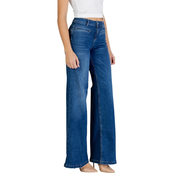 Liu Jo Damen-Schlaghose, hochgeschnittene blaue Denim-Jeans mit weitem Bein und klassischen Ziernähten, Größe A