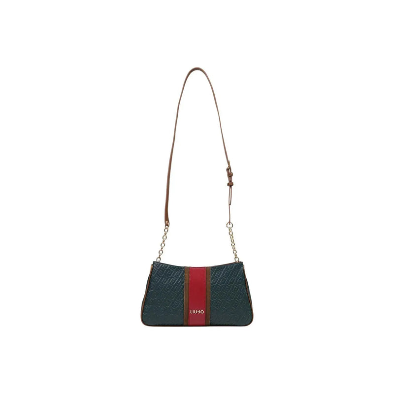 Liu jo women green shoulder bag in dark green embossed polyurethane with bold red stripe and gold-tone hardware