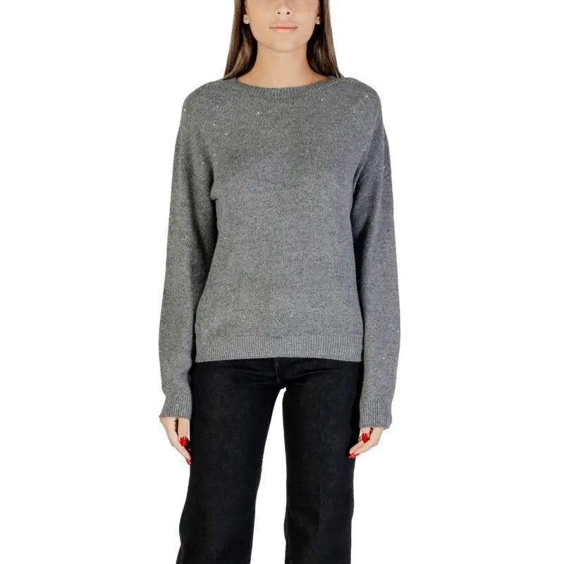 Women’s gray long-sleeve crewneck knit sweater with subtle sparkle details by Liu Jo