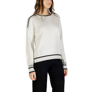 Off-white Liu Jo Damenstrickpullover mit schwarzem Besatz, Rundhalsausschnitt, Viskose-Seiden-Mischgewebe für elegante Freizeitkleidung