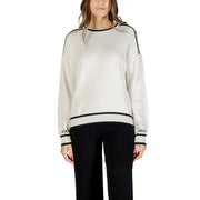 Liu Jo Damen-Sweatshirt aus Viskose-Seide in Creme mit langen Ärmeln, schwarzem Besatz und strukturiertem Rippenmuster