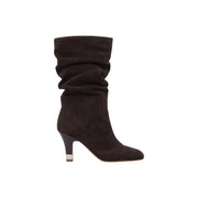 Liu jo women leather boots brown blake fall winter dark brown suede ankle boot with ruched upper and metallic heel cap