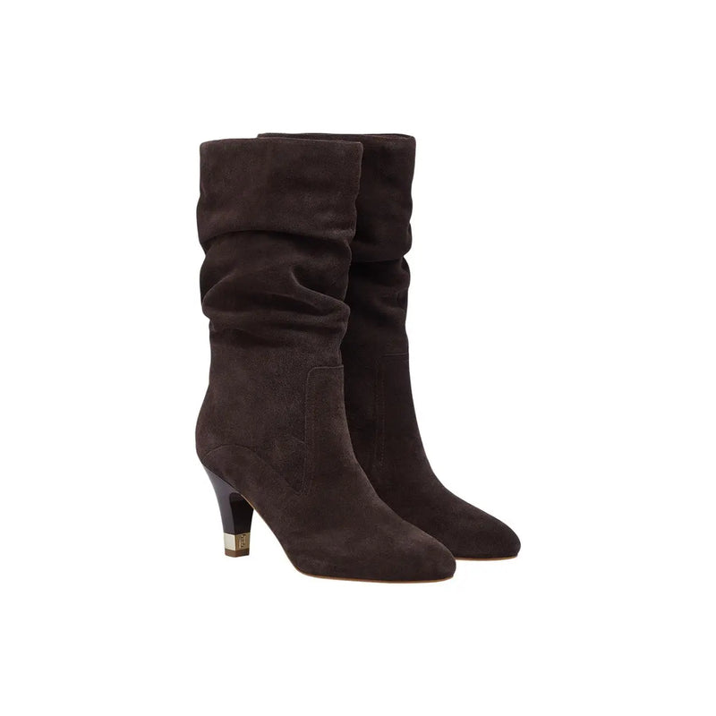 Liu jo women leather boots brown blake fall winter with dark brown suede knee-high design and metallic gold heel cap