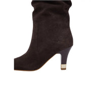 Dark brown suede ankle boot with tapered heel and metallic gold cap from Liu Jo women leather boots brown Blake fall winter collection