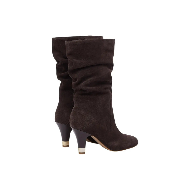 Liu Jo women leather boots brown blake fall winter featuring dark brown suede ankle boots with flared gathered upper and metallic heel caps
