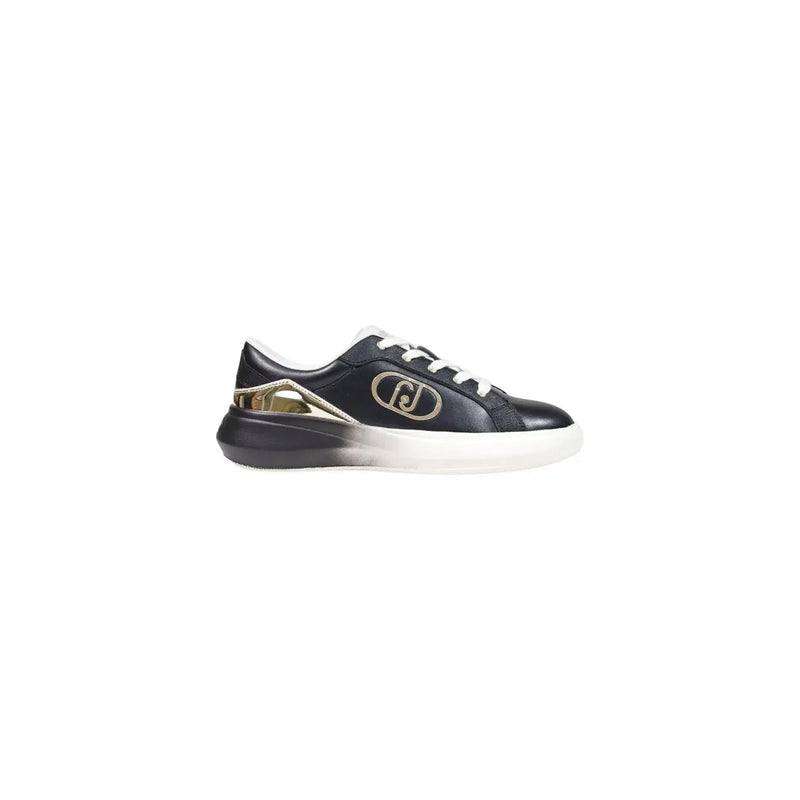 Liu jo women leather slip on sneakers black featuring black leather, white laces, gold logo, and gradient black to white sole