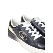 Black leather slip on sneakers for women by Liu Jo featuring white laces and a gold-tone logo on the side