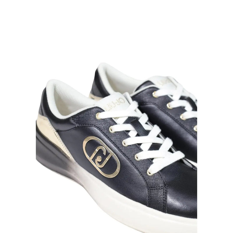 Black leather slip on sneakers for women by Liu Jo featuring white laces and a gold-tone logo on the side