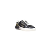 Liu Jo women leather slip on low-top sneaker in black with white laces and gold logo on the side