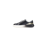 Liu Jo women leather slip on sneaker in black with white laces, gradient sole, and gold-tone triangular detail