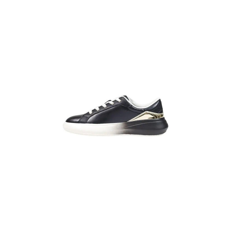 Liu Jo women leather slip on sneaker in black with white laces, gradient sole, and gold-tone triangular detail