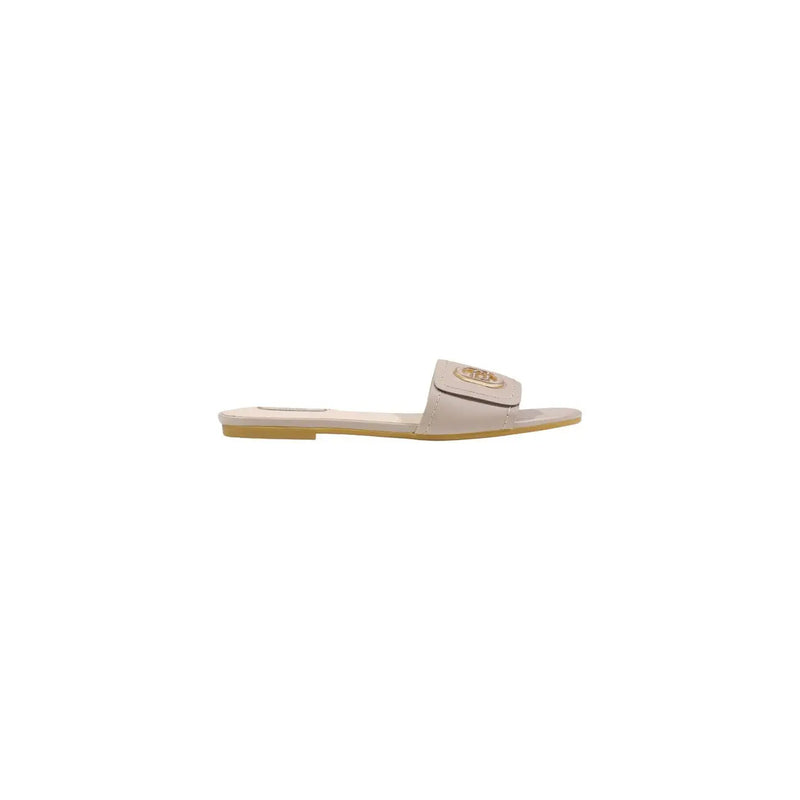 Liu Jo women beige leather slide sandal with gold toned logo plaque on strap ideal for spring shoes